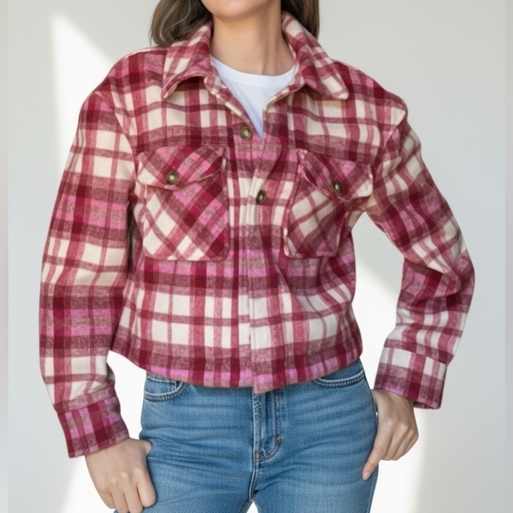 Bagatelle Pink Red White Plaid Utility Jacket Cropped Shaket Small Fall Layer